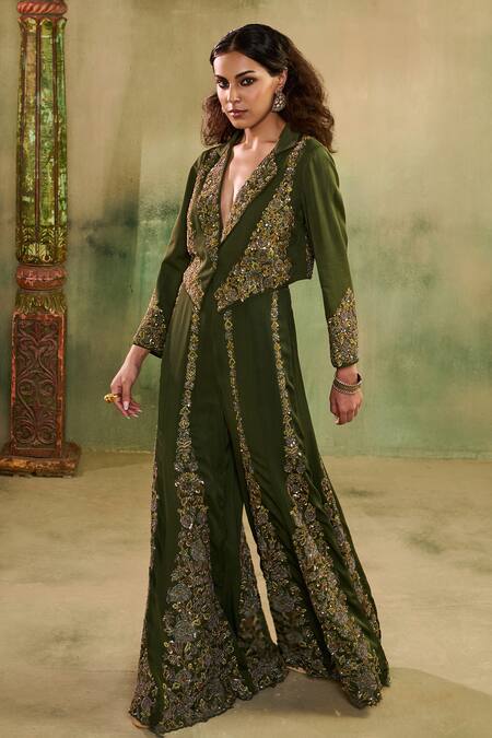 Shop_Reeti Arneja_Green Georgette Embroidery, Beads, Sequins, Raabta Jacket And Sharara Set _Online_at_Aza_Fashions
