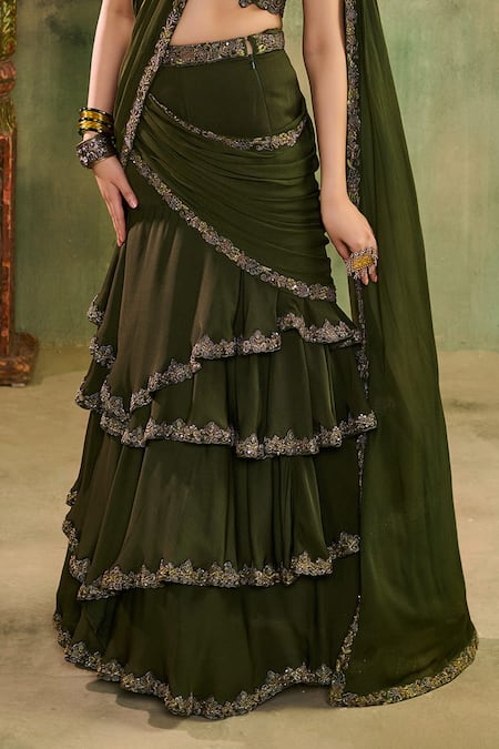 Reeti Arneja_Green Georgette Sequins, Beads, Metallic Abeer Ruffled Tiered Lehenga Set _at_Aza_Fashions
