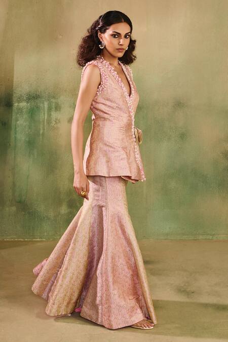 Reeti Arneja Pink Silk Pearls, Beads V-neck Rose Embellished Wrap Top And Sharara Set Online at Aza Fashions Reeti Arneja_Pink Silk Pearls, Beads V-neck Rose Embellished Wrap Top And Sharara Set _Online_at_Aza_Fashions