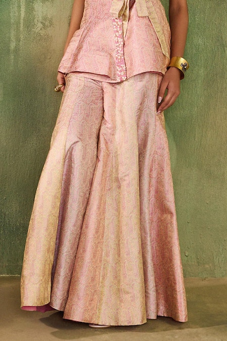 Shop Reeti Arneja Pink Silk Pearls, Beads V-neck Rose Embellished Wrap Top And Sharara Set Online at Aza Fashions Shop_Reeti Arneja_Pink Silk Pearls, Beads V-neck Rose Embellished Wrap Top And Sharara Set _Online_at_Aza_Fashions