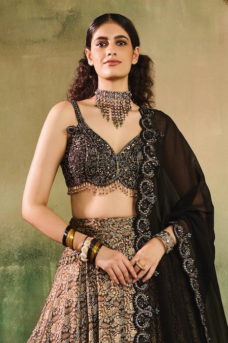 Reeti Arneja_Black Silk Zari, Sequins, Beads, Embroidery, Tassels Woven Lehenga Blouse Set _Online_at_Aza_Fashions