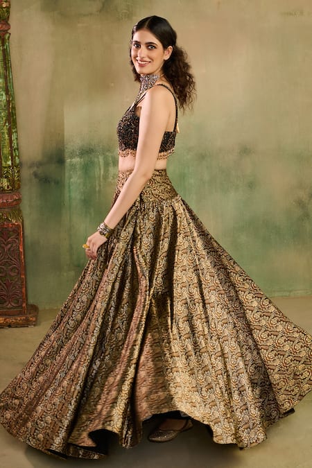 Buy_Reeti Arneja_Black Silk Zari, Sequins, Beads, Embroidery, Tassels Woven Lehenga Blouse Set _Online_at_Aza_Fashions