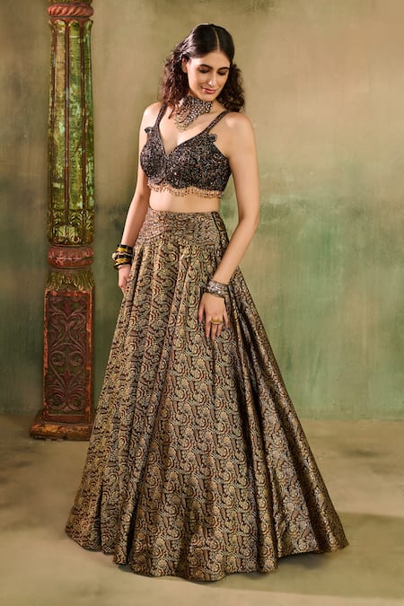 Shop_Reeti Arneja_Black Silk Zari, Sequins, Beads, Embroidery, Tassels Woven Lehenga Blouse Set _Online_at_Aza_Fashions