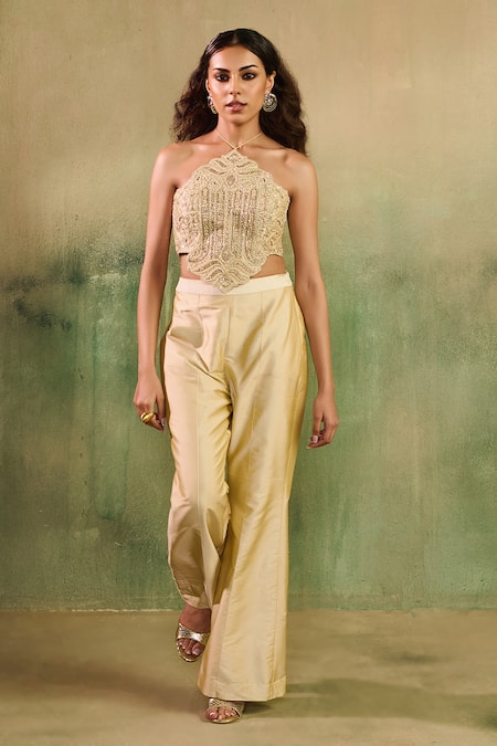 Buy_Reeti Arneja_Beige Chanderi Sequins, Beads, Embroidery, Zari Halter Tajniya Jacket Pant Set _Online_at_Aza_Fashions