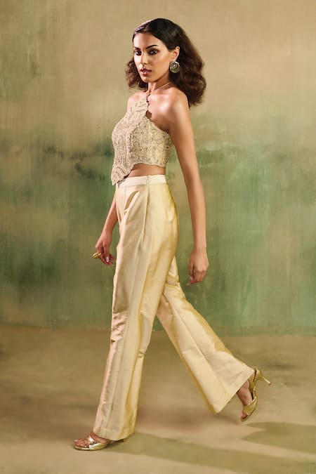 Shop_Reeti Arneja_Beige Chanderi Sequins, Beads, Embroidery, Zari Halter Tajniya Jacket Pant Set _Online_at_Aza_Fashions