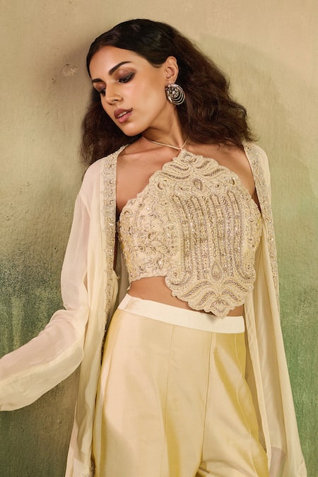Buy_Reeti Arneja_Beige Chanderi Sequins, Beads, Embroidery, Zari Halter Tajniya Jacket Pant Set 