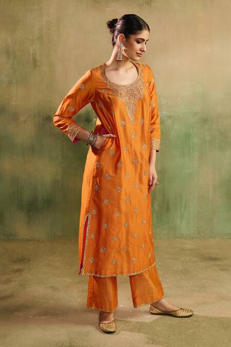 Shop_Reeti Arneja_Orange Chanderi Embroidery, Zari Round Neck Aftabi Kurta And Pant Set _Online_at_Aza_Fashions