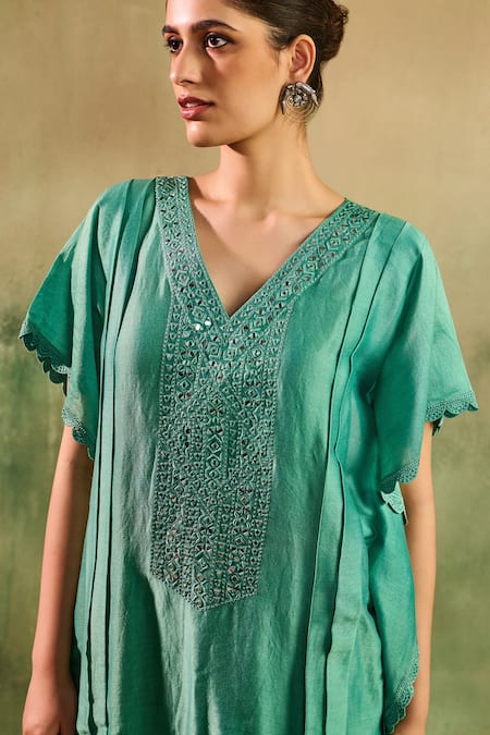 Buy_Reeti Arneja_Aqua Chanderi Mirrors, Embroidery V-neck Neelpari Kurta And Dhoti Pant Set _Online_at_Aza_Fashions