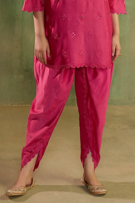 Reeti Arneja_Pink Chanderi Mirrors, Embroidery Notched Neck Rani Kurta And Dhoti Pant Set _Online_at_Aza_Fashions