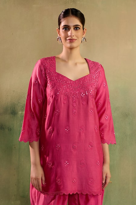 Buy_Reeti Arneja_Pink Chanderi Mirrors, Embroidery Notched Neck Rani Kurta And Dhoti Pant Set _Online_at_Aza_Fashions
