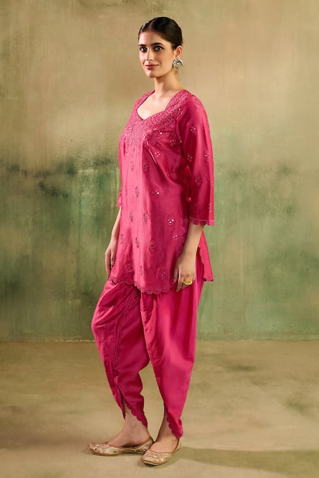 Shop_Reeti Arneja_Pink Chanderi Mirrors, Embroidery Notched Neck Rani Kurta And Dhoti Pant Set _Online_at_Aza_Fashions