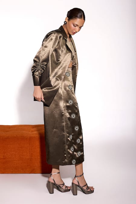 Tara And I_Olive Green Satin Collared Aurora Jacket _Online_at_Aza_Fashions