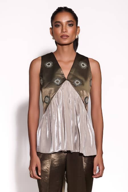 Tara And I_Olive Green Satin, Organza Embroidery V-neck Pleated Peplum Top _Online_at_Aza_Fashions