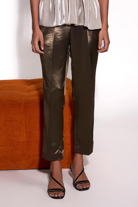 Buy_Tara And I_Olive Green Satin, Organza Embroidery V-neck Pleated Peplum Top _Online_at_Aza_Fashions