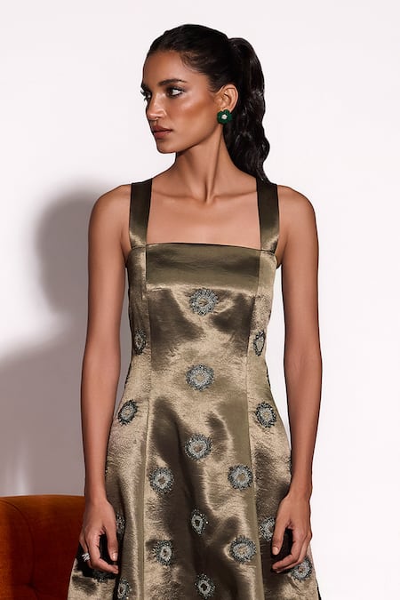 Buy_Tara And I_Olive Green Satin Embroidery, Metallic Thread Aurora Floral Motif Short Dress _Online_at_Aza_Fashions