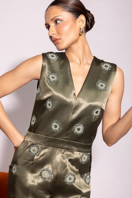 Buy_Tara And I_Olive Green Satin Embroidery V-neck Embellished Sleeveless Jumpsuit _Online_at_Aza_Fashions