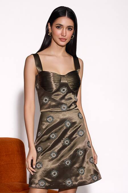 Tara And I_Olive Green Satin Embroidery Aurora Short Skirt _Online_at_Aza_Fashions