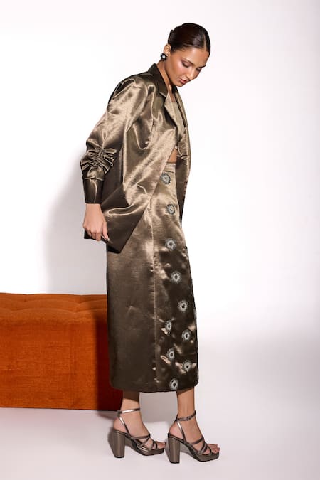 Buy_Tara And I_Olive Green Satin Embroidery Embellished Aurora Midi Skirt _Online_at_Aza_Fashions