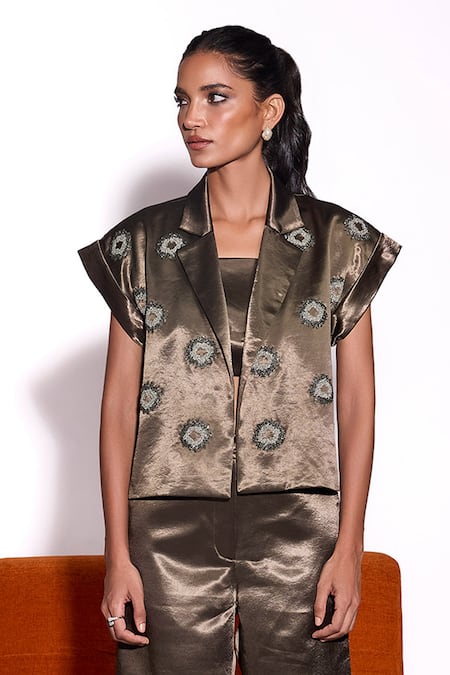 Tara And I_Olive Green Satin Embroidery V-neck Aurora Jacket _Online_at_Aza_Fashions