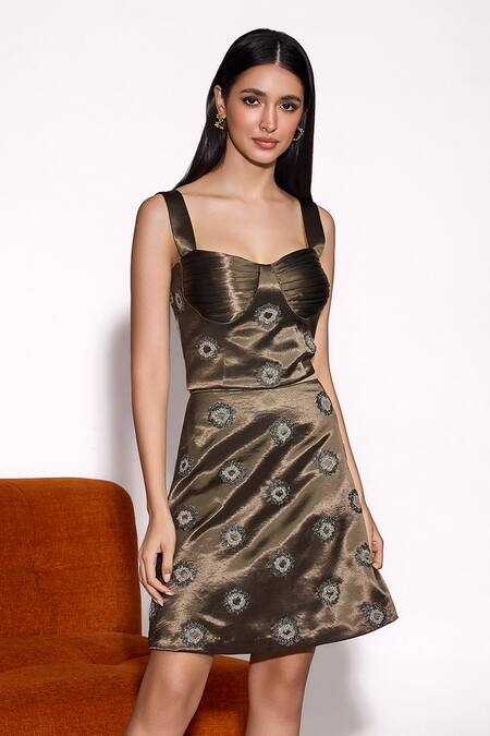 Tara And I_Olive Green Satin Embroidery Sweetheart Neck Floral Motif Bustier  _Online_at_Aza_Fashions