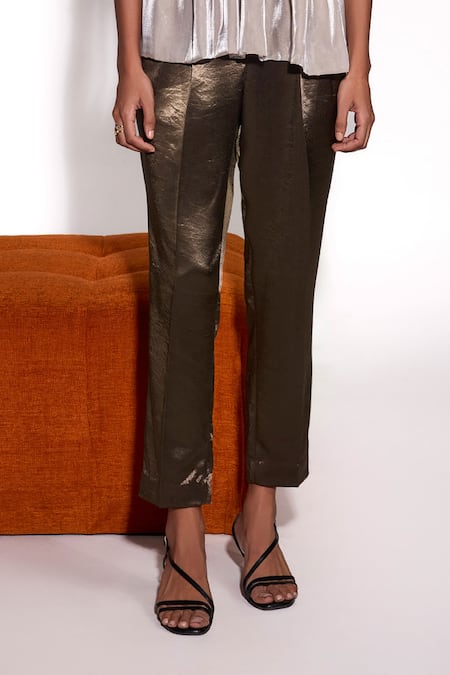 Tara And I_Olive Green Satin Aurora Straight Trouser _Online_at_Aza_Fashions