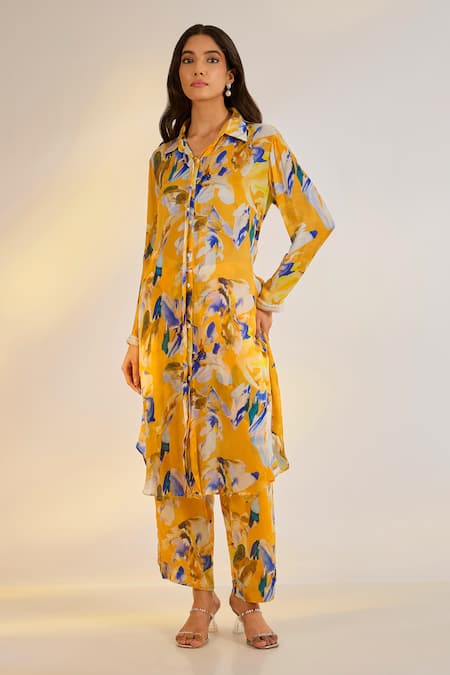 Ewoke Yellow Embroidered Shirt Tunic & Pant Set 