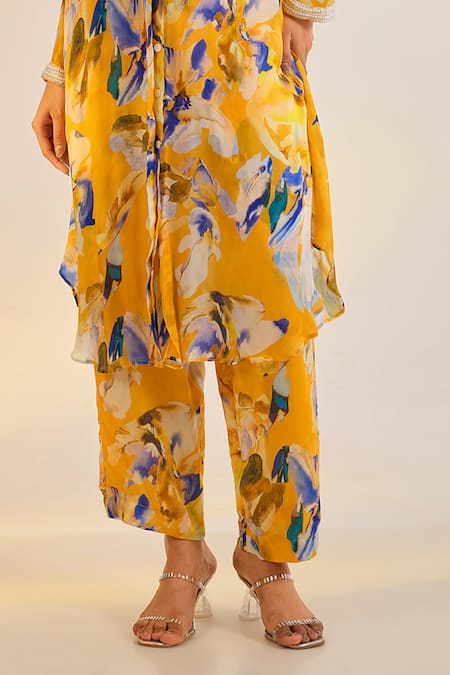 Ewoke_Yellow Chiffon, Satin Embroidery Collared, V-neck Shirt Tunic And Pant Set _Online_at_Aza_Fashions