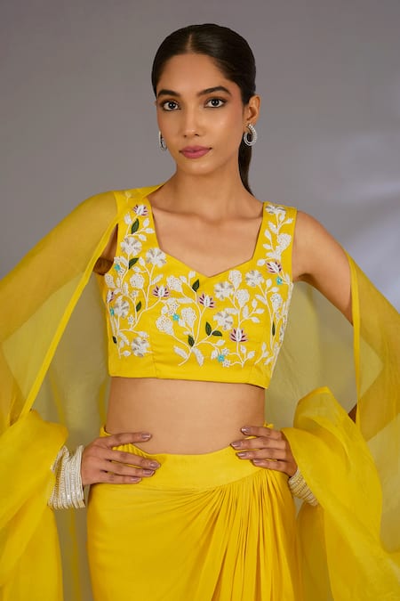 Ewoke_Yellow Georgette, Satin Pearls, Embroidery Sweetheart Neck, Cuff Cape Skirt Set _at_Aza_Fashions