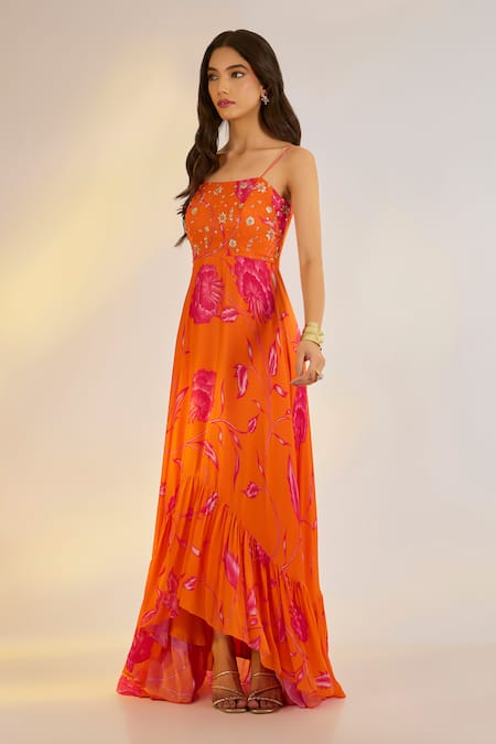 Ewoke_Orange Georgette, Satin Embroidery, Beads Square Neck Ruffle Dress _Online_at_Aza_Fashions