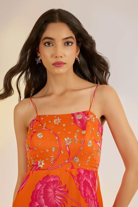 Buy_Ewoke_Orange Georgette, Satin Embroidery, Beads Square Neck Ruffle Dress _Online_at_Aza_Fashions