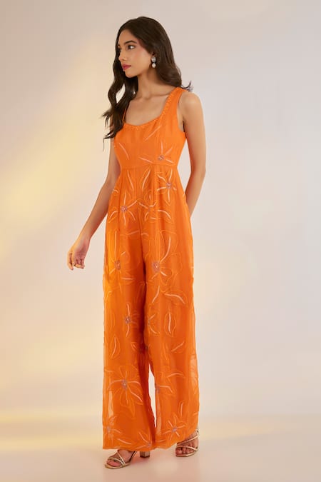 Ewoke_Orange Organza Embroidery, Beads Square Neck Jumpsuit _Online_at_Aza_Fashions
