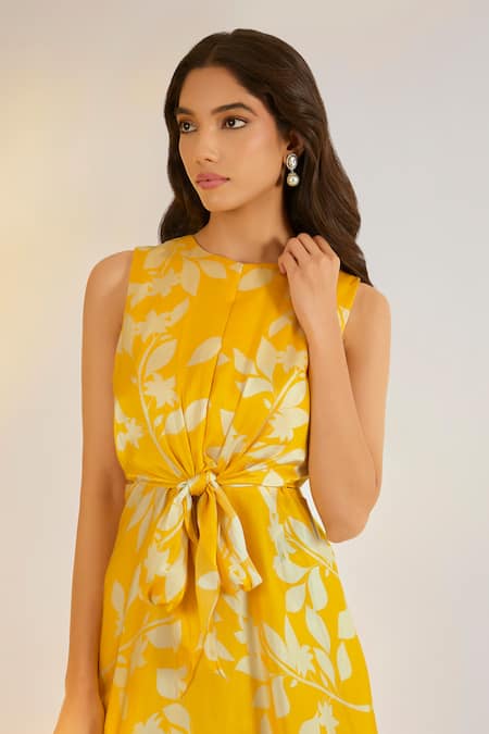 Ewoke Yellow Bemberg Round Neck Knot Dress Online at Aza Fashions Ewoke_Yellow Bemberg Round Neck Knot Dress _Online_at_Aza_Fashions