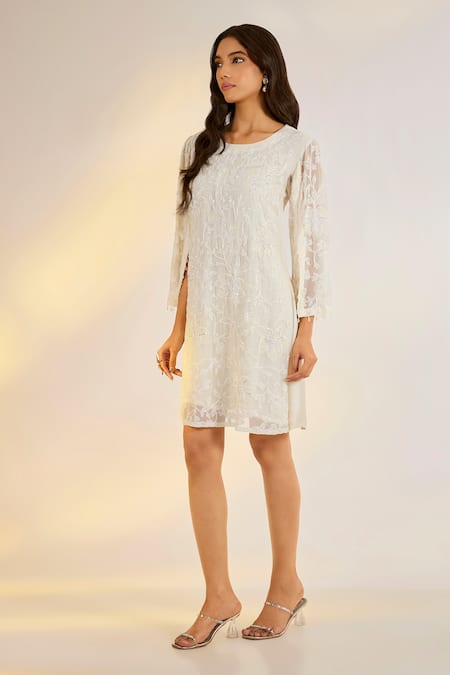 Ewoke_Ivory Georgette Embroidery, Beads Round Neck Dress _Online_at_Aza_Fashions