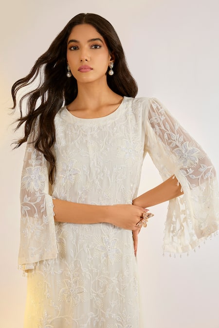 Buy_Ewoke_Ivory Georgette Embroidery, Beads Round Neck Dress _Online_at_Aza_Fashions