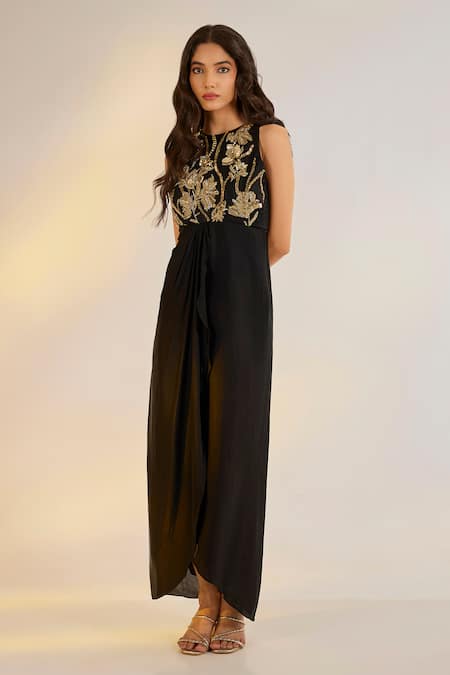 Ewoke_Black Georgette, Satin Embroidery Round Neck Tara Dress _Online_at_Aza_Fashions