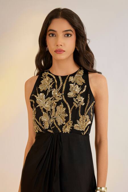 Buy_Ewoke_Black Georgette, Satin Embroidery Round Neck Tara Dress _Online_at_Aza_Fashions