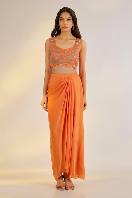Buy_Ewoke_Orange Georgette, Satin Embroidery, Beads, Stones Cutdana Cape Skirt Set _Online_at_Aza_Fashions