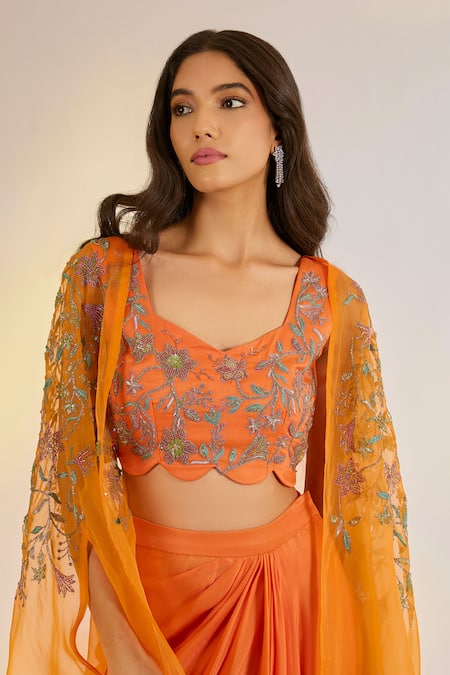 Shop_Ewoke_Orange Georgette, Satin Embroidery, Beads, Stones Cutdana Cape Skirt Set _Online_at_Aza_Fashions