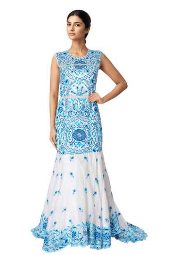 Buy Neha Gursahani Blue Embroidered Trail Gown at Aza Fashions Buy_Neha Gursahani_Blue Embroidered Trail Gown_at_Aza_Fashions