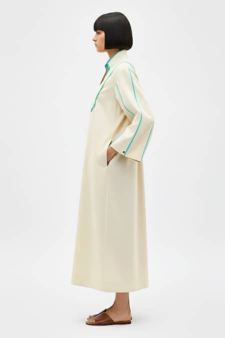 Buy_Neora By Nehal Chopra_Ivory Twill Collared, V-neck Stripe Pattern Midi Dress _Online_at_Aza_Fashions