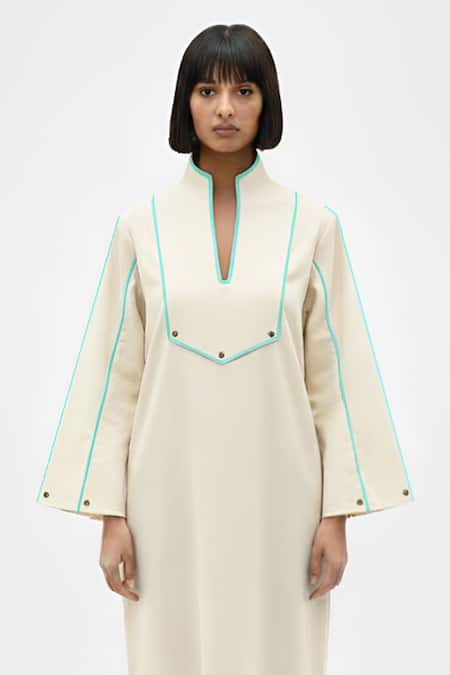 Neora By Nehal Chopra_Ivory Twill Collared, V-neck Stripe Pattern Midi Dress _at_Aza_Fashions
