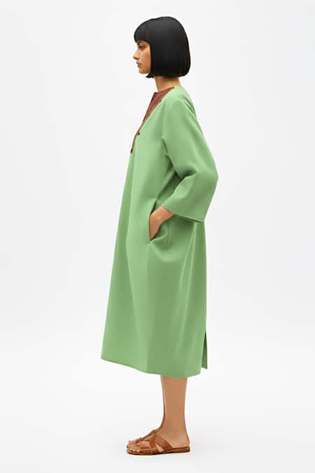 Buy_Neora By Nehal Chopra_Green Twill V-neck Colorblock Midi Dress _Online_at_Aza_Fashions