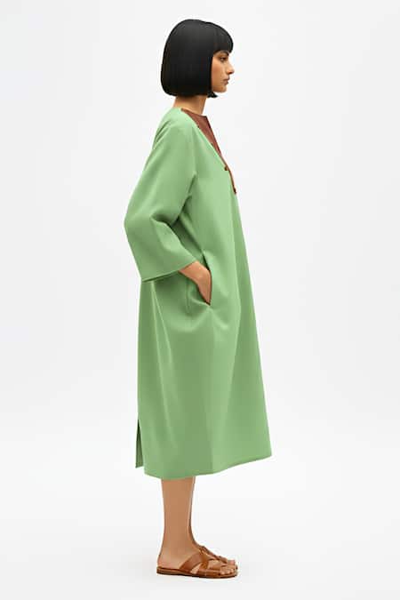 Shop_Neora By Nehal Chopra_Green Twill V-neck Colorblock Midi Dress _Online_at_Aza_Fashions