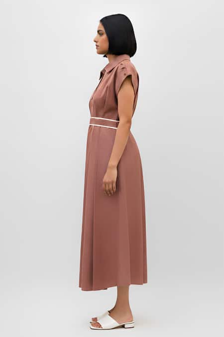 Neora By Nehal Chopra_Red Twill Collared, V-neck Placement Embroidered Skater Dress _Online_at_Aza_Fashions