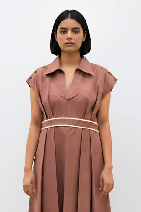Buy_Neora By Nehal Chopra_Red Twill Collared, V-neck Placement Embroidered Skater Dress _Online_at_Aza_Fashions