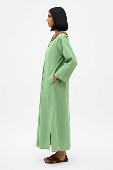 Shop_Neora By Nehal Chopra_Green Twill Beads V-neck Collar Embroidered Dress _Online_at_Aza_Fashions