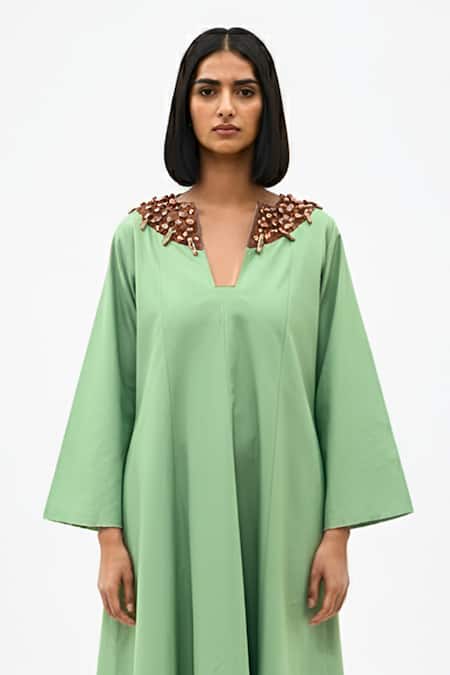 Neora By Nehal Chopra_Green Twill Beads V-neck Collar Embroidered Dress _at_Aza_Fashions