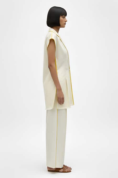 Buy_Neora By Nehal Chopra_Ivory Twill Piping Pipe Work Blazer And Pant Set _Online_at_Aza_Fashions