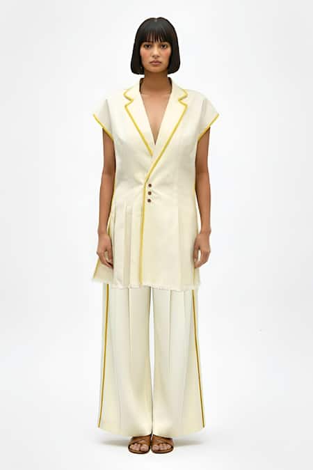 Neora By Nehal Chopra Ivory Pipe Work Blazer & Pant Set 