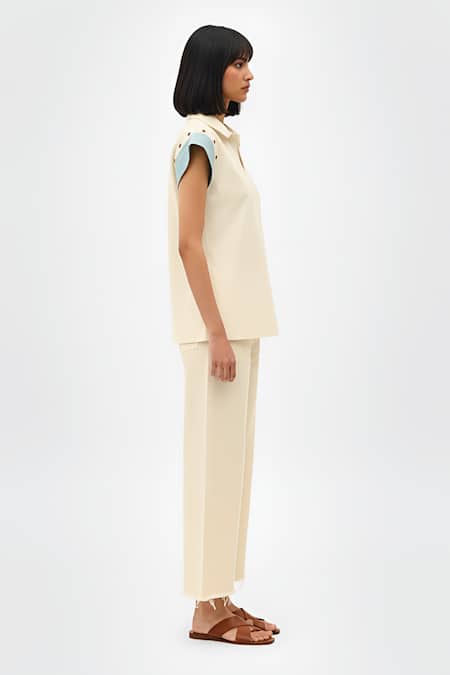 Buy_Neora By Nehal Chopra_Ivory Twill Studs, Piping Collared, V-neck Colorblock Top And Pant Set _Online_at_Aza_Fashions